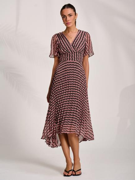 Jolie Moi Geometric Pleated Maxi Dress, Pink, Pink