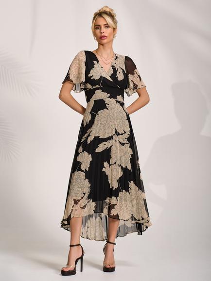 Jolie Moi Floral Pleated Maxi Dress, Black