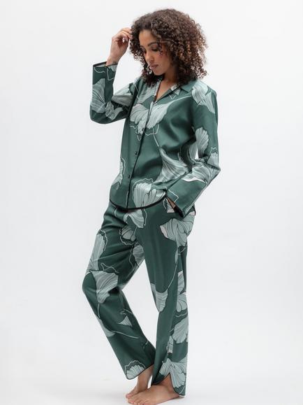 Cyberjammies Grace Floral Button Down Long Pyjama Set, Green, Green