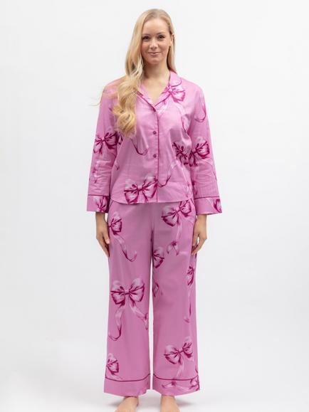 Cyberjammies Belle Bow Print Button Down Long Pyjama Set, Pink, Pink