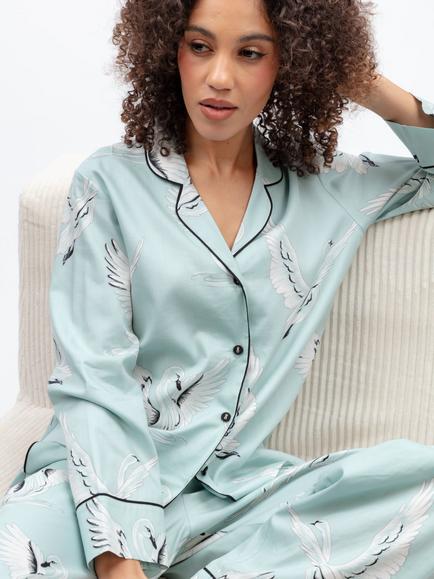 Cyberjammies Grace Swan Button Down Long Pyjama Set, Mint, Mint