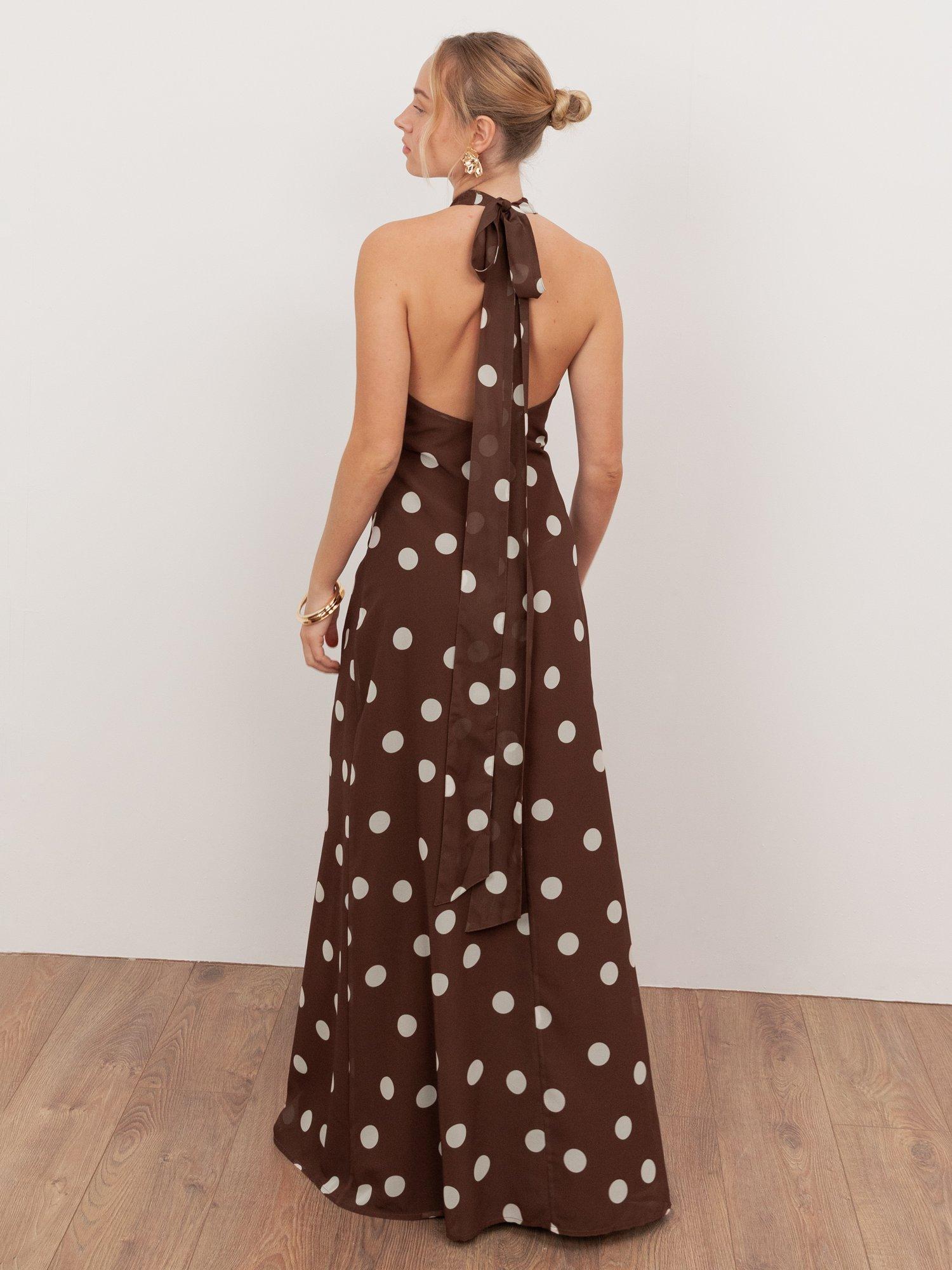 Anaya With Love Sleeveless Halter Neck Polka Dot Maxi Dress, Brown/Cream