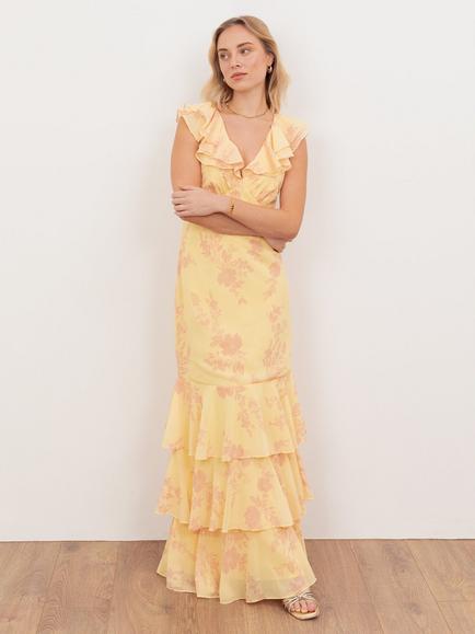 Anaya With Love Floral Ruffle Hem Maxi Dress, Yellow/Pink, Yellow/Pink