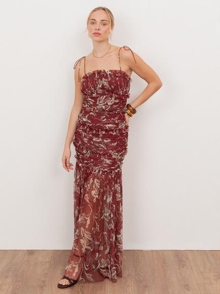 Anaya With Love Abstract Botanical Tulle Maxi Dress, Rust, Rust