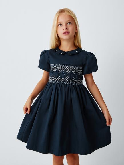 John Lewis Heirloom Collection Kids' Smocked Embroidered Dress, Dark Sapphire, Dark Sapphire