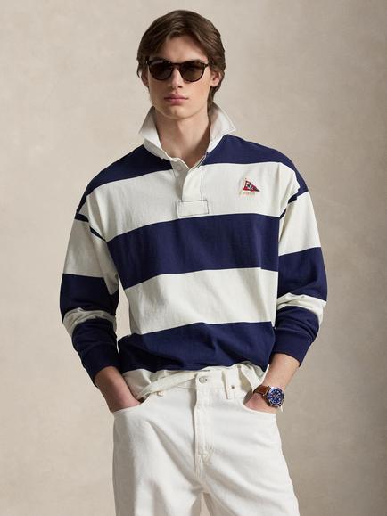 Polo Ralph Lauren Big Fit Striped Cotton Rugby Shirt, Newport Navy/Deckwash White, Newpo Ny/Deckwash Wh