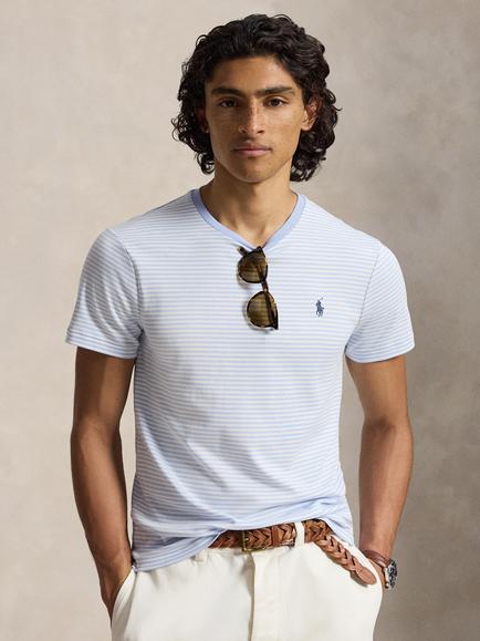Ralph Lauren Crew Neck Stripe Cotton T-Shirt, Pebble Blue/White, Pebble Blue/White