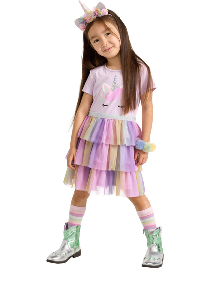 Lindex Kids' Short Sleeved Mesh Skirt Unicorn Dress, Light Lilac, Light Lilac
