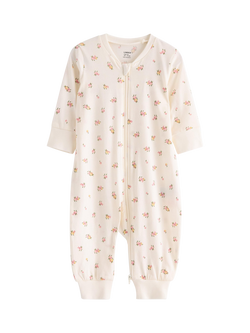 Lindex Baby Zipped Floral Print Sleepsuit, Light Dusty White, Light Dusty White