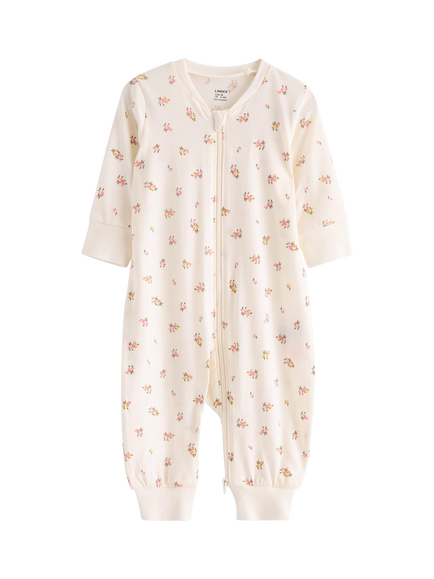 Lindex Baby Zipped Floral Print Sleepsuit, Light Dusty White, Light Dusty White