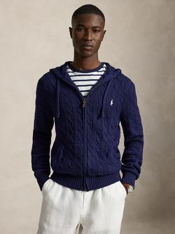 Polo Ralph Lauren Cable Knit Zip Front Cotton Hoodie, Bright Navy - view 2, Bright Navy