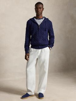 Polo Ralph Lauren Cable Knit Zip Front Cotton Hoodie, Bright Navy, Bright Navy