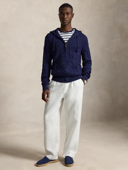 Polo Ralph Lauren Cable Knit Zip Front Cotton Hoodie, Bright Navy, Bright Navy