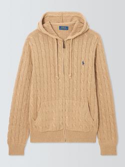 Polo Ralph Lauren Cable Knit Zip Front Cotton Hoodie, Camel Melange, Camel Melange