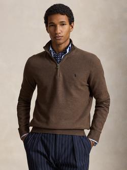 Polo Ralph Lauren Mesh-Knit Cotton Quarter-Zip Jumper, Nutmeg Brown Heather