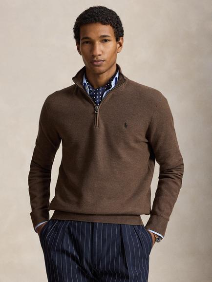 Polo Ralph Lauren Mesh-Knit Cotton Quarter-Zip Jumper, Nutmeg Brown Heather