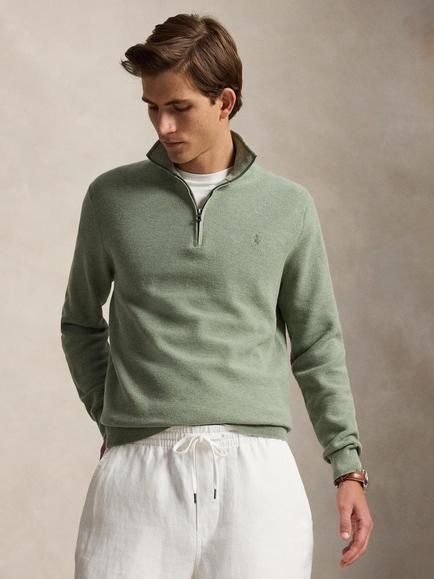Polo Ralph Lauren Mesh-Knit Cotton Quarter-Zip Jumper, Fern Green Heather