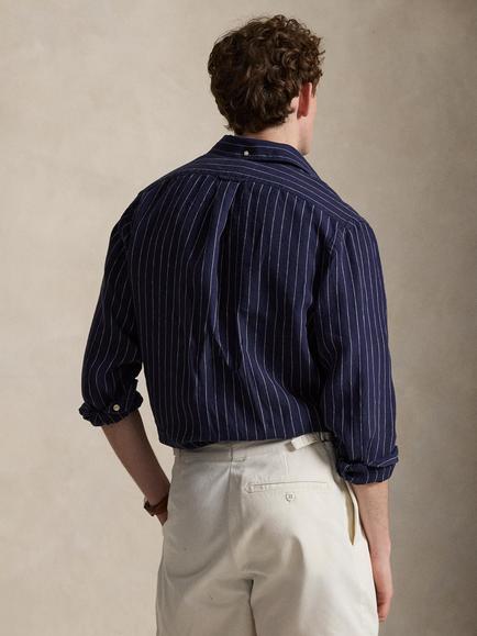 Polo Ralph Lauren Linen Classic Fit Pinstripe Shirt, Navy White - view 2, 7258 Navy White