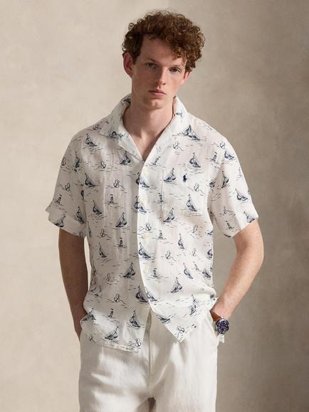 Polo Ralph Lauren Linen Classic Fit Sailboat Print Shirt, White, Sailboat Anchor Conv
