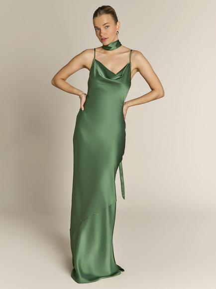 Rewritten Pollenca Cowl Neck Satin Maxi Dress, Olive