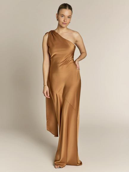 Rewritten Raye One Shoulder Satin Bridesmaid Dress - view 2, Caramel