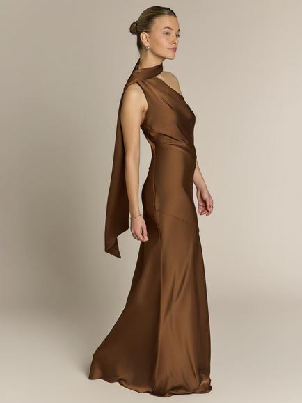 Rewritten Raye One Shoulder Satin Bridesmaid Dress, Brown