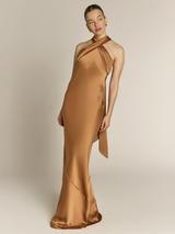 roma dress in olive green satin reviews Roma Burnt Orange Satin Bridesmaid Dress | Halterneck Maxi | Sizes 8–22 main image 0