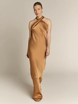 Rewritten Roma Halterneck Satin Bridesmaid Dress, Caramel - view 2, Caramel