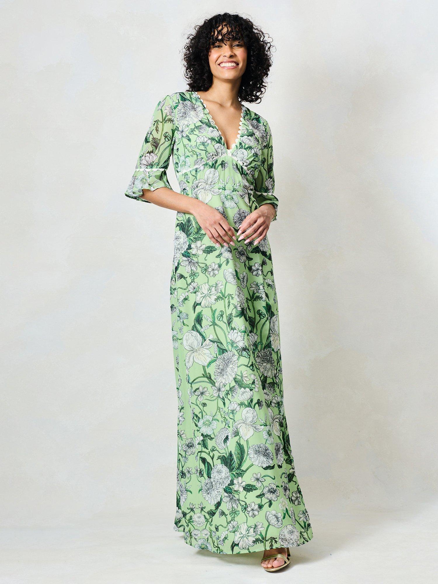 hope and ivy green floral dress Hope & Ivy Ellen Ruffle Skirt Floral Midi Dress, Green and Pink main image 0
