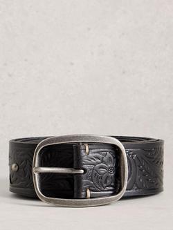 White Stuff Punch Floral Embossed Leather Belt, Black, Black