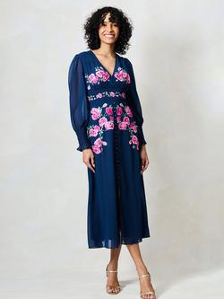 Hope & Ivy The Ada Embroidered Floral Midi Dress, Navy/Pink, Navy/Pink