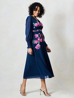 Hope & Ivy The Ada Embroidered Floral Midi Dress, Navy/Pink - view 2, Navy/Pink