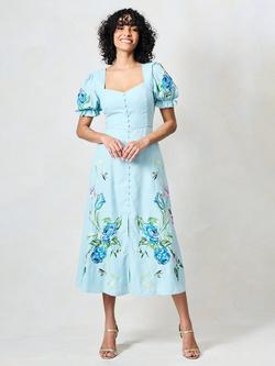 Hope & Ivy The Lacey Embroidered Puff Sleeve Midi Dress, Blue/Multi, Blue/Multi