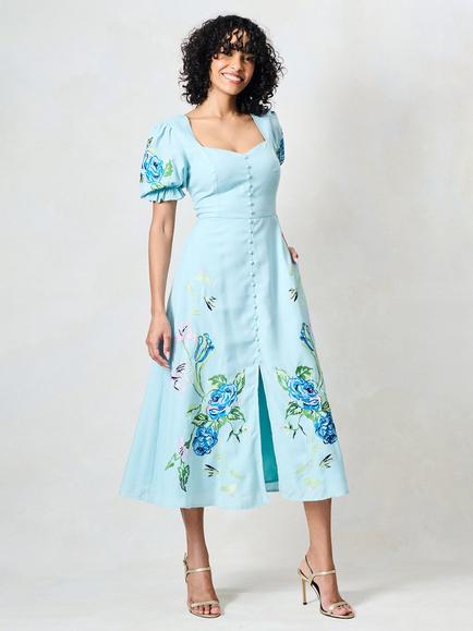 Hope & Ivy The Lacey Embroidered Puff Sleeve Midi Dress, Blue/Multi - view 2, Blue/Multi