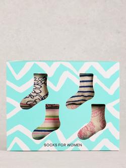 White Stuff Floral Stripe Socks, Pack of 4, Pink/Multi, Pink/Multi