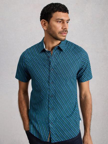 White Stuff Salcombe Cotton Blend Slim Fit Print Shirt, Blue/Multi, Blue/Multi