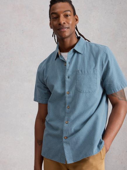 White Stuff Cotton Regular Fit Tile Stitch Shirt, Blue/Multi, Blue/Multi