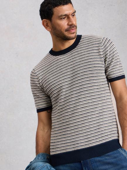 White Stuff Bibury Cotton Regular Fit Short Sleeve Stripe T-Shirt, Navy/Cream