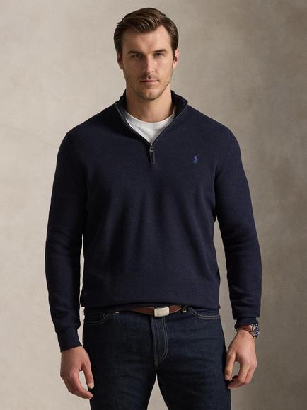 Polo Ralph Lauren Big & Tall Mesh-Knit Cotton Quarter-Zip Jumper, Navy Heather