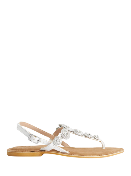 Dune London Liana Leather Diamante Embellished Flat Sandals, White, White