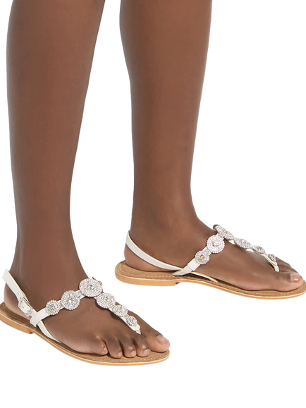 Dune London Liana Leather Diamante Embellished Flat Sandals, White - view 2, White