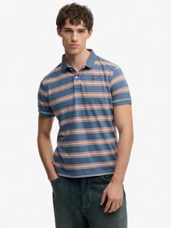 Superdry Cotton Regular Fit Stripe Jersey Polo Shirt, Retro Blue/Multi, Retro Blue/Multi