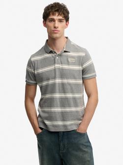 Superdry Cotton Regular Fit Stripe Jersey Polo Shirt, Grey Marl, Grey Marl