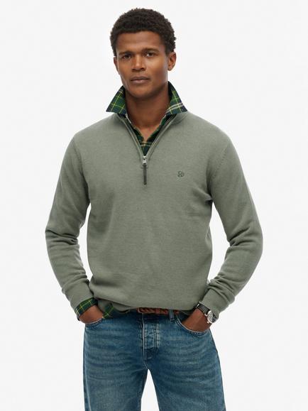 Superdry Essentials Cotton Half Zip Jumper, Lily Pad Green Marl, Lily Pad Green Marl