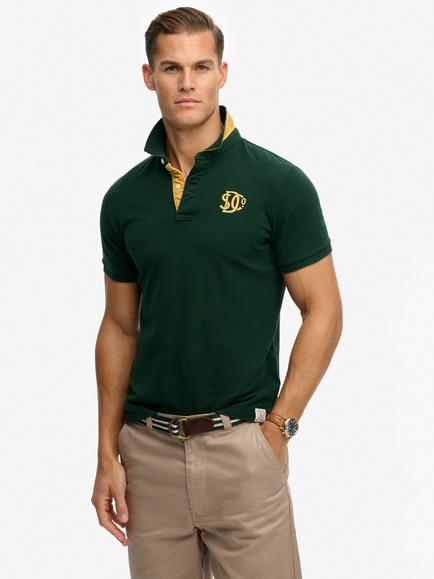 Superdry Cotton Regular Fit Short Sleeve Monogram Pique Polo Shirt, Enamel Green/Gold
