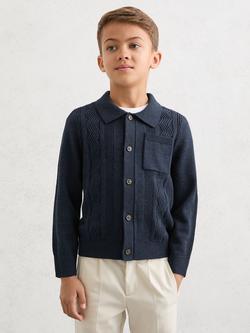 Reiss Kids' Tumnus Stitch Detail Polo Collar Cardigan, Navy, Navy