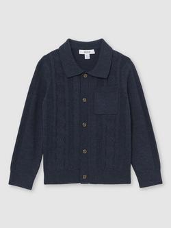 Reiss Kids' Tumnus Stitch Detail Polo Collar Cardigan, Navy - view 2, Navy