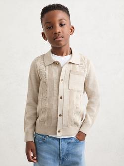 Reiss Kids' Tumnus Stitch Detail Polo Collar Cardigan, Oatmeal, Oatmeal