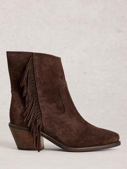 White Stuff Cherry Suede Fringe Western Ankle Boots, Dark Brown, Dark Brown