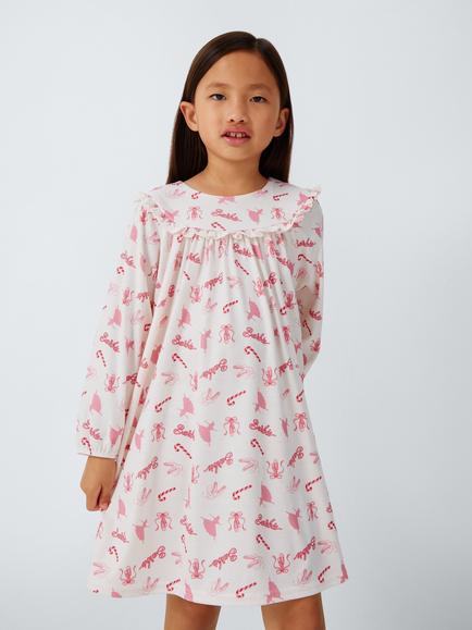 Brand Threads Kids' Cotton Barbie Nightdress, White Multi, White Multi
